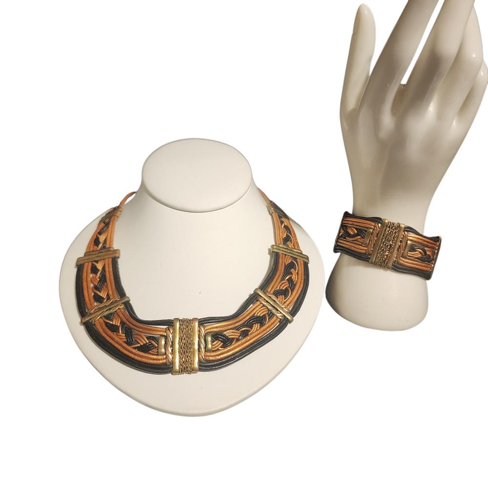 VTG Leather Bib Necklace and Cuff Bracelet Set Black Tan Copper Gold Tone